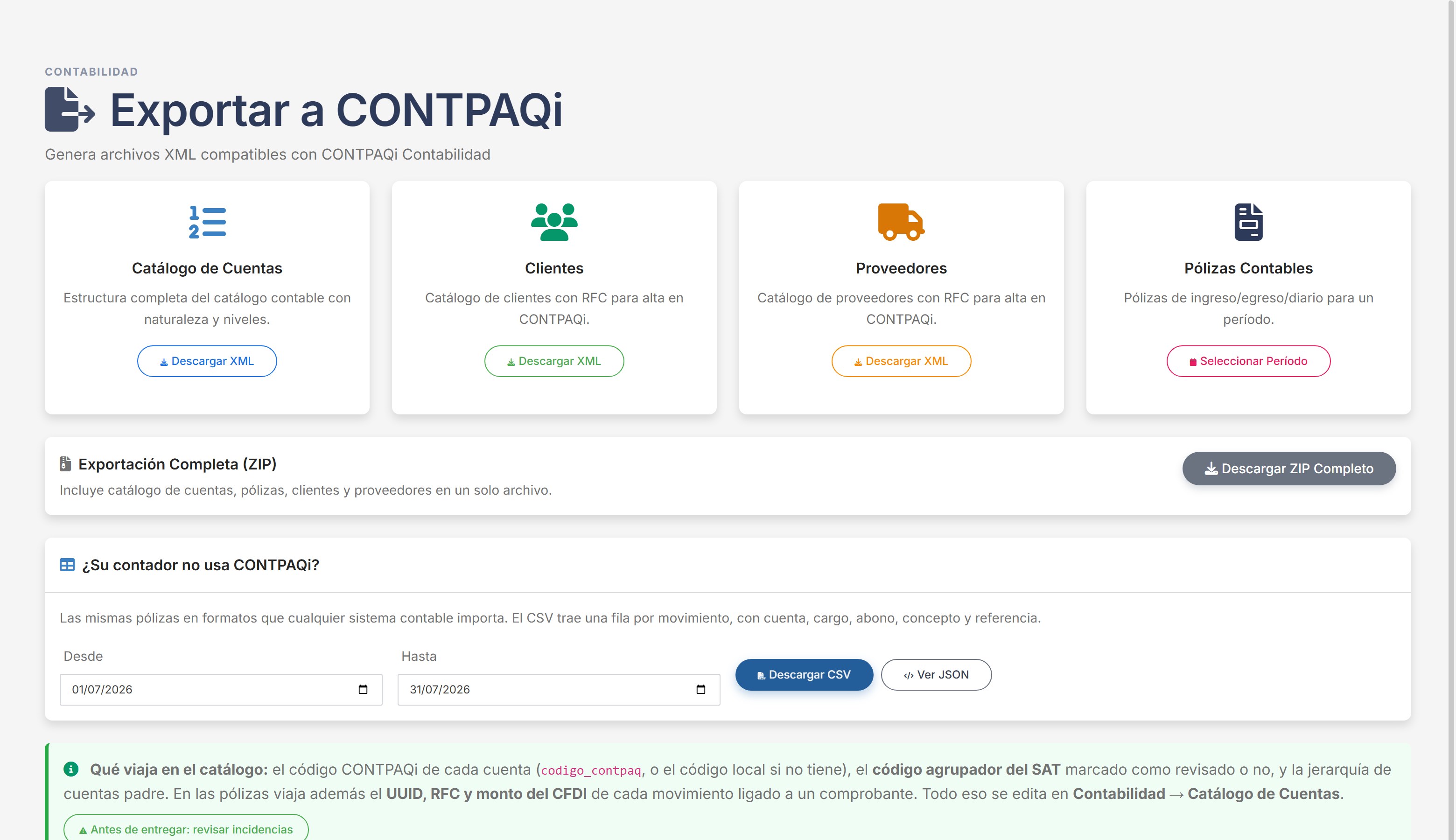 Exportación a CONTPAQi con catálogo, pólizas, clientes y proveedores