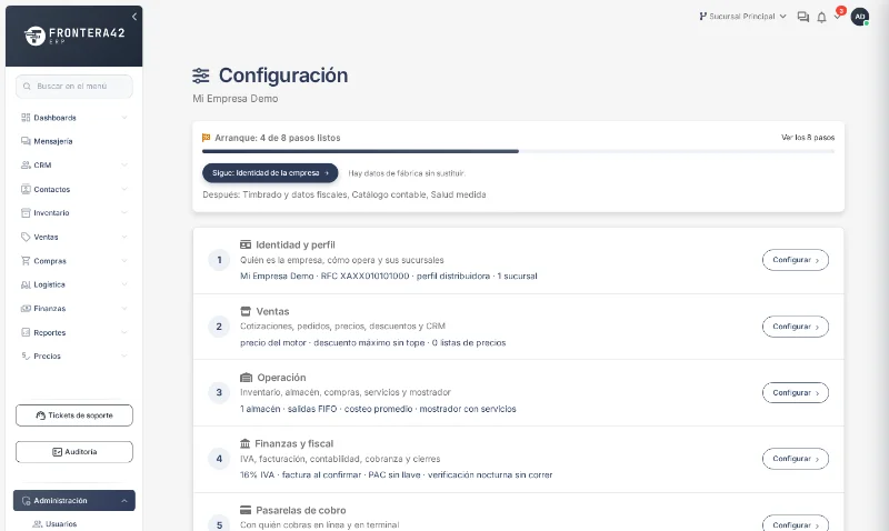 Pantalla de configuración con el progreso del arranque y la lista numerada de pasos