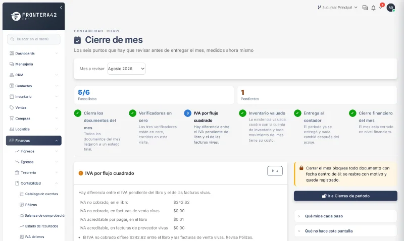 Pantalla de cierre de mes con seis pasos, cinco cumplidos y uno pendiente explicado