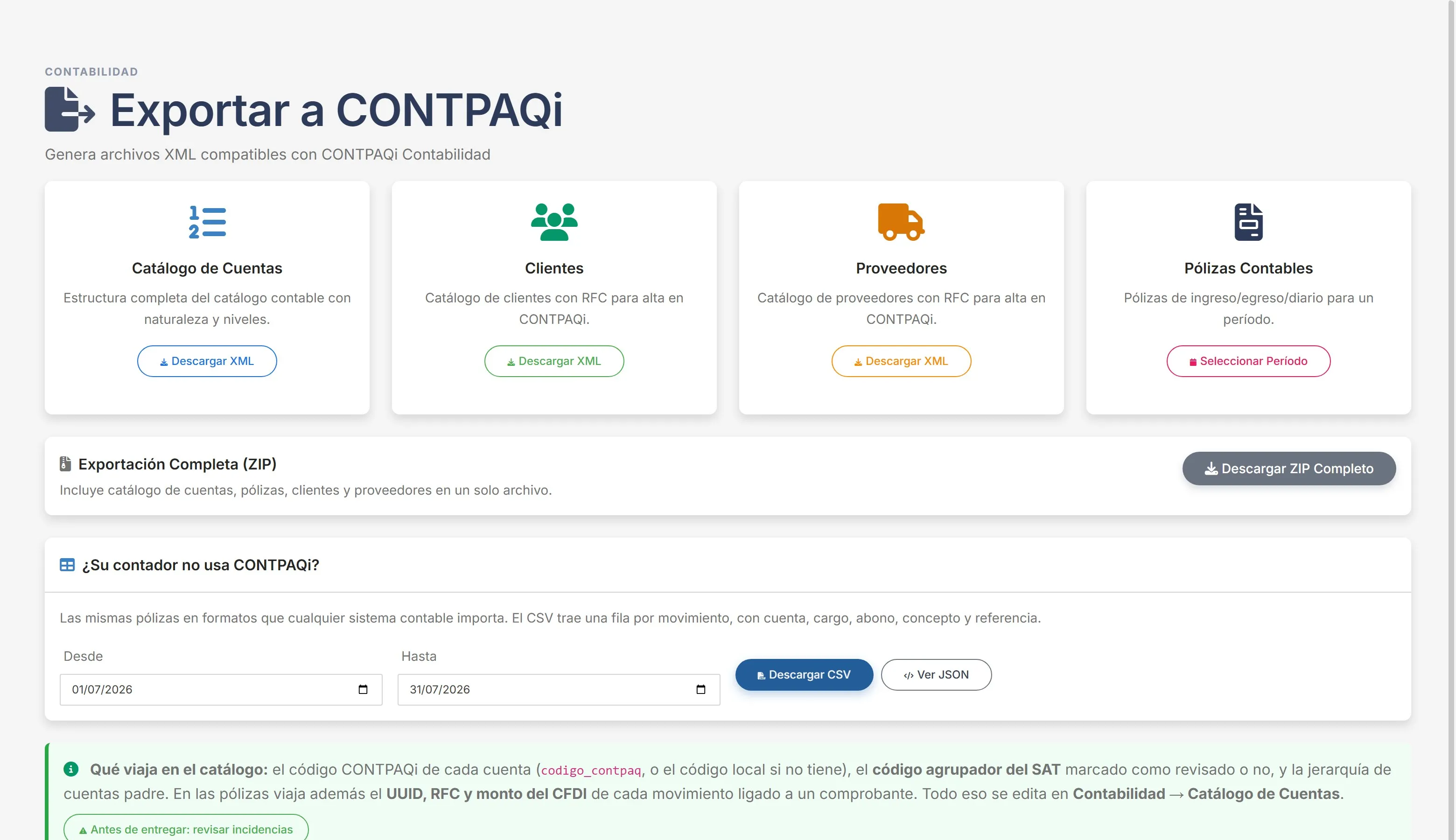 Exportación a CONTPAQi con catálogo, pólizas, clientes y proveedores